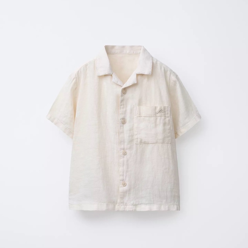 Kids 100% Linen Cream Short Sleeve Shirt